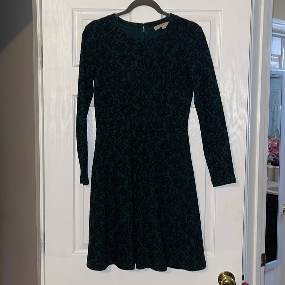 Loft | Green/Black Jacquard Dress | Size 2